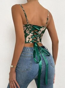 Breezaya Áo hai dây Ren lên Hoa Boho - Màu xanh lá cây đậm - Xem 2