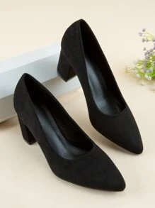 Suedette Chunky Heeled Court Pumps - Black - View 1