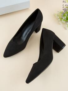 Suedette Chunky Heeled Court Pumps - Black - View 5