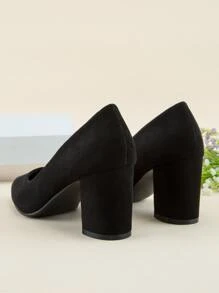 Suedette Chunky Heeled Court Pumps - Black - View 6