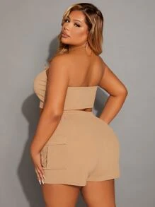 SHEIN SXY Bộ thời trang Plus Size Dây kéo Túi màu trơn Giải trí - Màu Khaki - Xem 2
