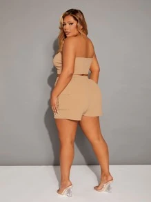 SHEIN SXY Bộ thời trang Plus Size Dây kéo Túi màu trơn Giải trí - Màu Khaki - Xem 6