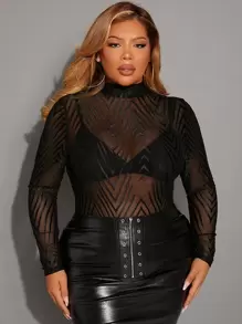 SHEIN SXY 大碼鋸齒形印花小高領薄透連身背心不附胸罩 - 黑色 - 查看 1