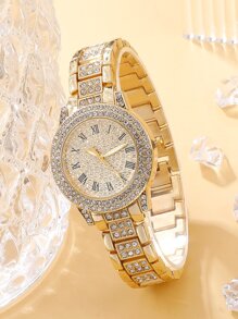 1 件水钻装饰圆形指针石英表和 2 件手链节日作为返校学生的礼物 - 金色 - 查看 3