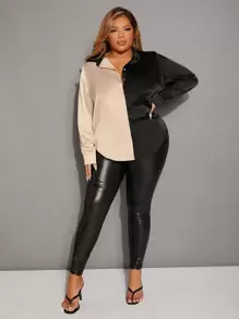 SHEIN SXY Plus Two Tone Button Front Satin Shirt - Multicolor - View 1