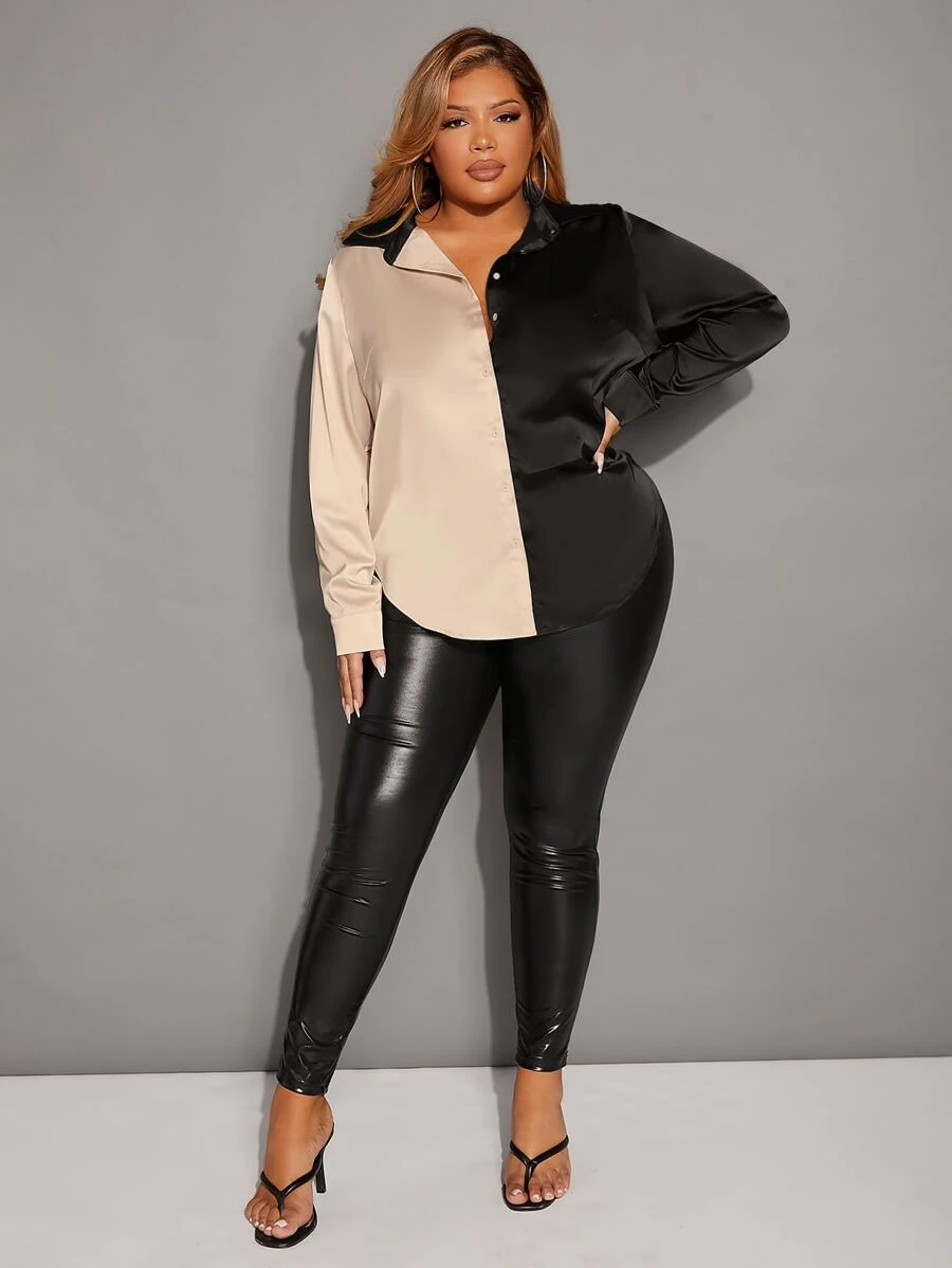SHEIN SXY Plus Two Tone Button Front Satin Shirt - Multicolor - View 1