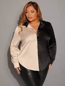 SHEIN SXY Plus Two Tone Button Front Satin Shirt - Multicolor - View 3