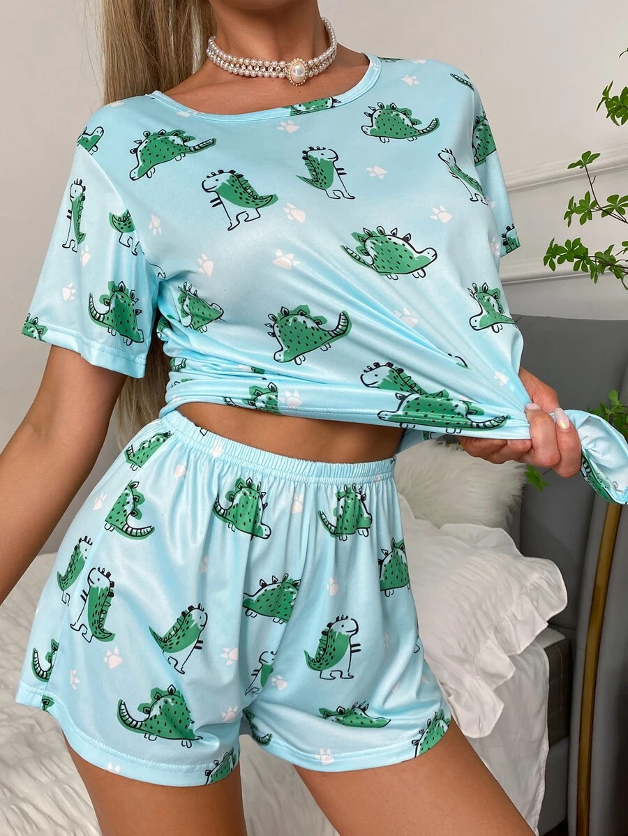 SweetSlumber Conjunto de pijama con estampado de dinosaurio con cubierta de ojo - Azul menta - Ver 1