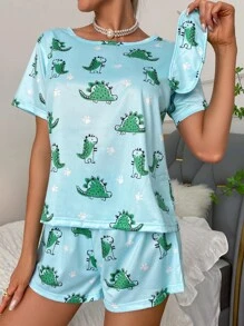 SweetSlumber Conjunto de pijama con estampado de dinosaurio con cubierta de ojo - Azul menta - Ver 4