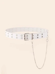 鏈條和金屬氣眼裝飾方形扣皮帶 - 白色 - 查看 1