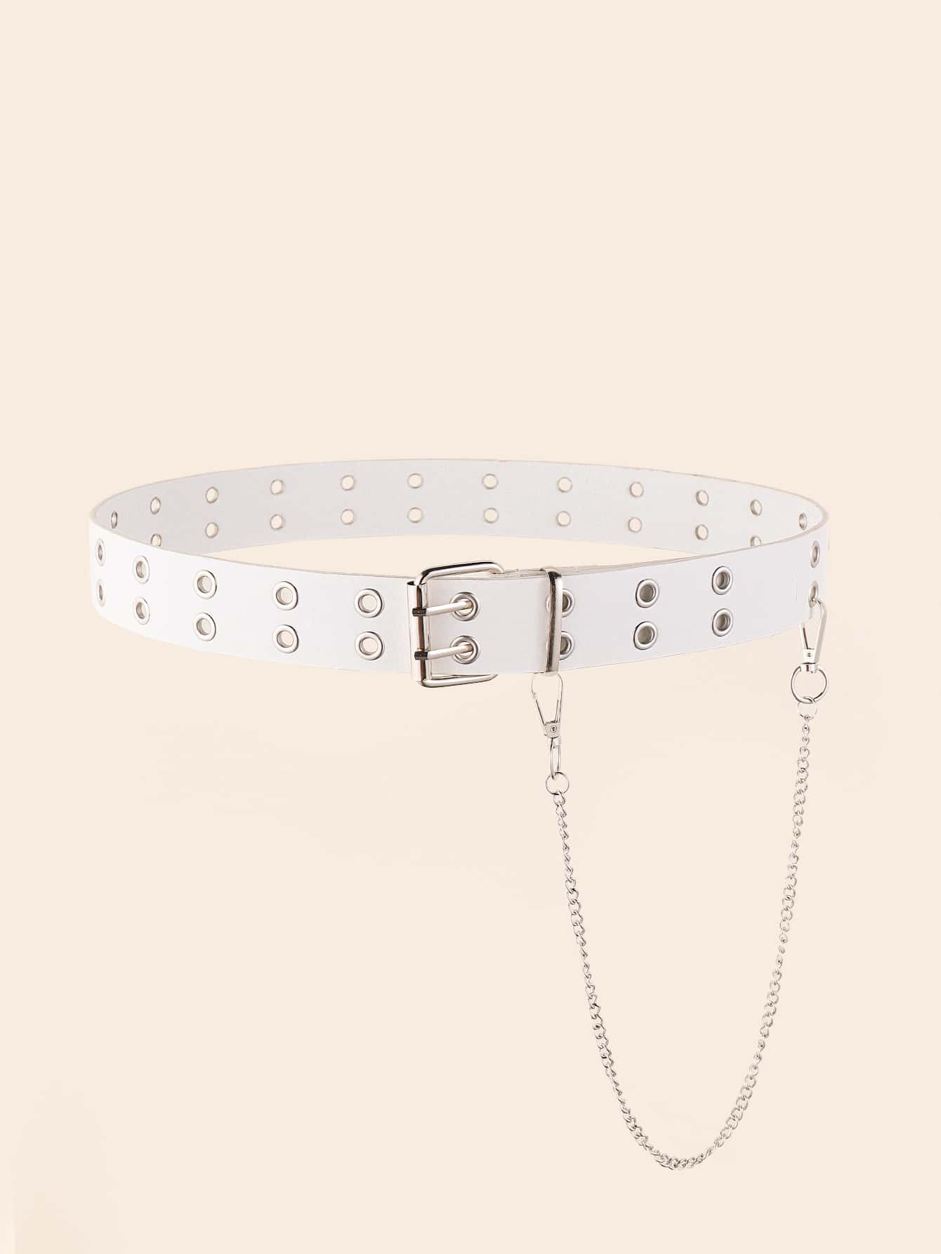 鏈條和金屬氣眼裝飾方形扣皮帶 - 白色 - 查看 1