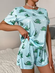 SweetSlumber Conjunto de pijama con estampado de dinosaurio con cubierta de ojo - Azul menta - Ver 5