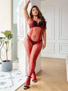 Classic Sexy Plus Fishnet Cut-out Crotchless Body Stocking - Red - View 1
