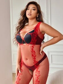 Classic Sexy Plus Fishnet Cut-out Crotchless Body Stocking - Red - View 4