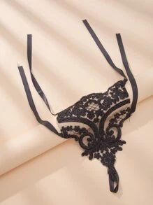 Floral Lace Mittens Gloves - Black - View 5