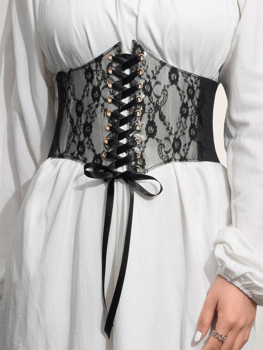 1pc Grommet Lace Up Front Corset Belt Halloween Waist Trainer Valentine's Day Accessories For Ladies For Dress Western Cowboy Cowgirl Country Wear Vintage Black Belt Women Corset Belt For Dress,Waist Trainer Waist-Shaping For Waist Slimming And Tummy Control - Black - View 1