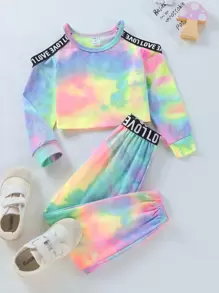 SHEIN 小女童紮染字母織帶套頭衫和運動褲 - 彩色 - 查看 1