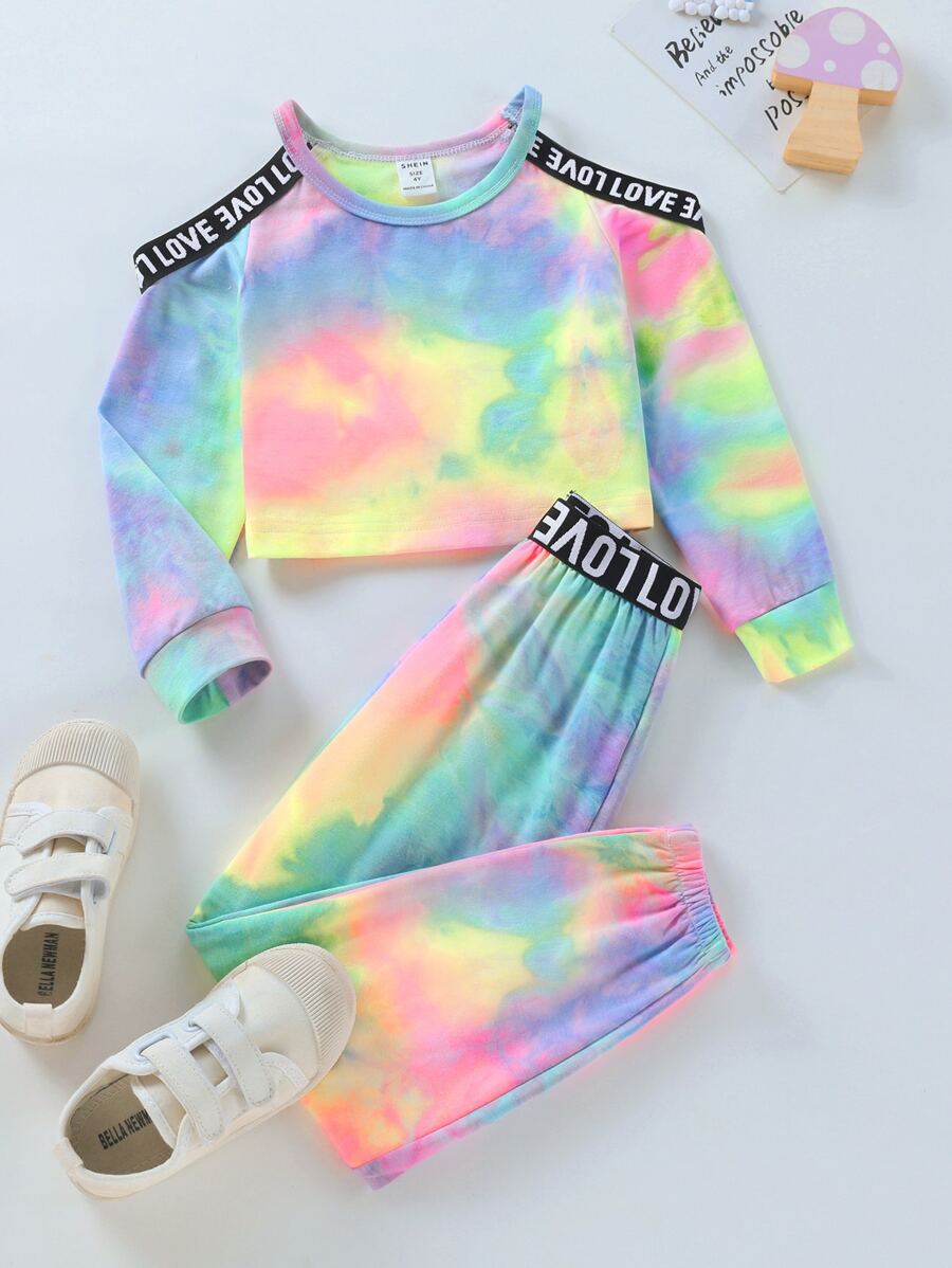 SHEIN 小女童紮染字母織帶套頭衫和運動褲 - 彩色 - 查看 1