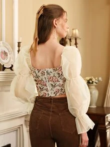 SHEIN MOD 印花荷葉袖短款襯衫