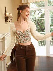 SHEIN MOD 印花荷葉袖短款襯衫