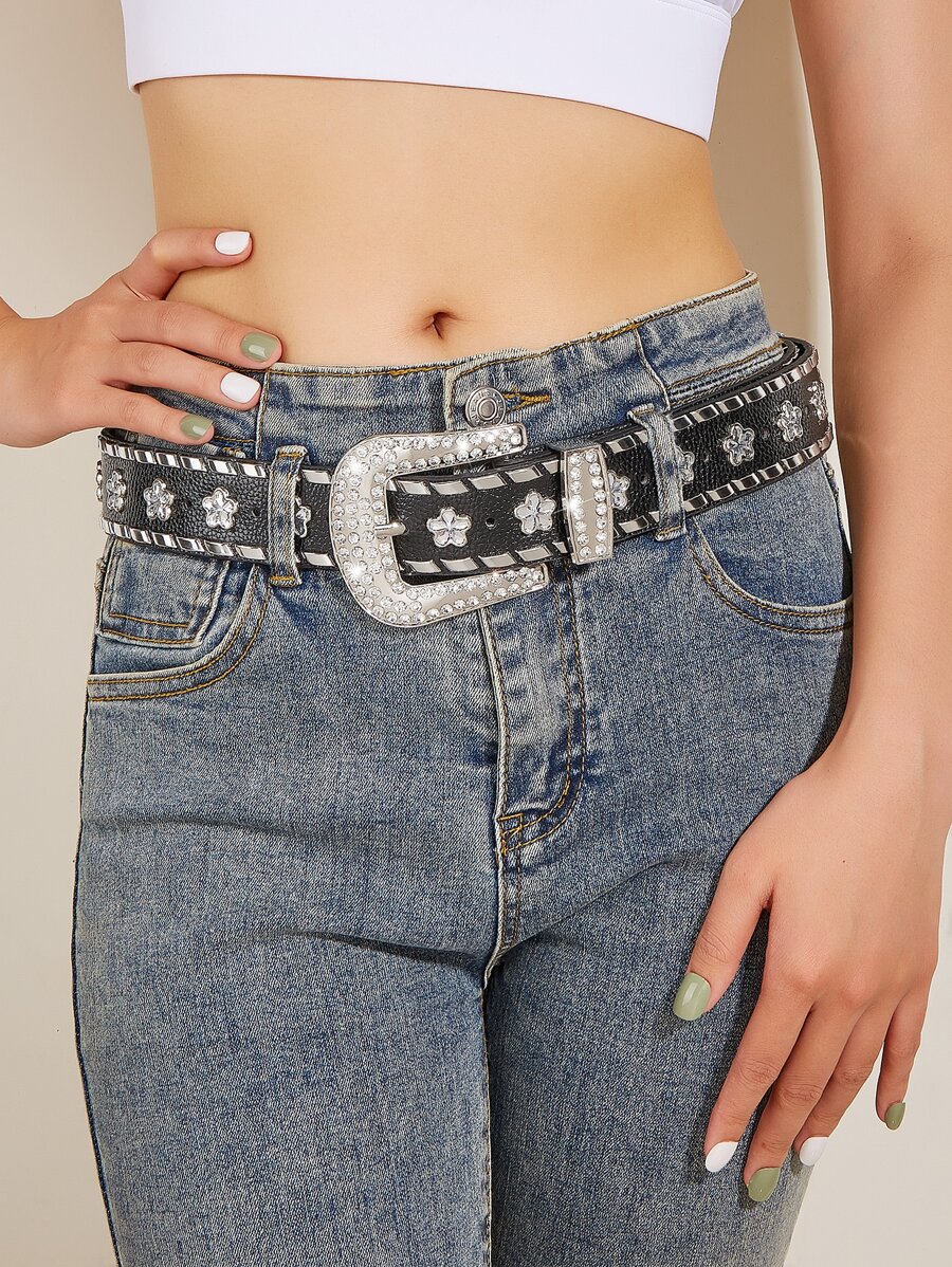Rhinestone & Flower Decor Western Buckle Belt - Black - View 1