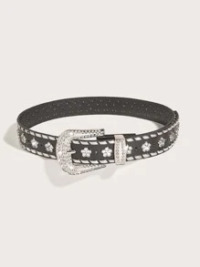 Rhinestone & Flower Decor Western Buckle Belt - Black - View 3