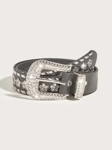 Rhinestone & Flower Decor Western Buckle Belt - Black - View 4