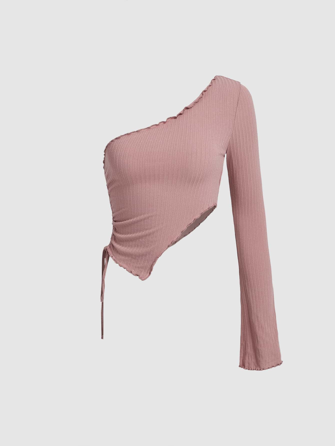 SHEIN MOD Lettuce Trim Drawstring Side Rib-knit Tee - Dusty Pink - View 1