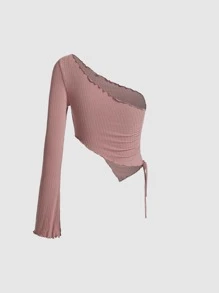 SHEIN MOD Lettuce Trim Drawstring Side Rib-knit Tee - Dusty Pink - View 5