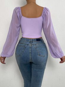 Breezaya Women's Sweetheart Collar Long Sleeve Lantern Sleeve Cropped Ruched Top - Lilac Purple - View 2
