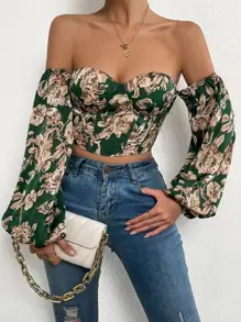 Chiquease 一字肩印花燈籠袖短款上衣 - 墨綠色 - 查看 6