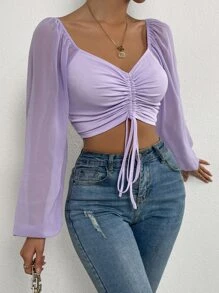 Breezaya Women's Sweetheart Collar Long Sleeve Lantern Sleeve Cropped Ruched Top - Lilac Purple - View 5