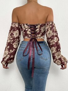 SHEIN SXY 一字肩印花燈籠袖短款上衣 - 酒紅色 - 查看 2