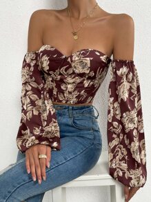 SHEIN SXY 一字肩印花燈籠袖短款上衣 - 酒紅色 - 查看 3