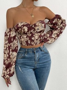 SHEIN SXY 一字肩印花燈籠袖短款上衣 - 酒紅色 - 查看 5