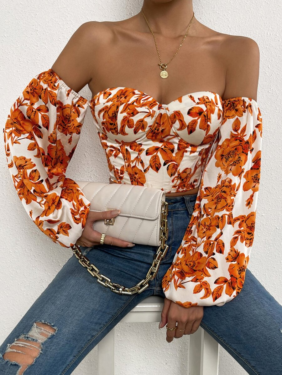 SHEIN Privé Off Shoulder Floral Print Lantern Sleeve Crop Top - White - View 1