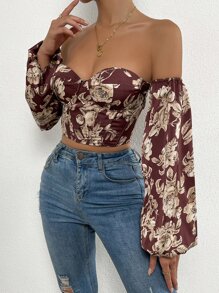 SHEIN SXY 一字肩印花燈籠袖短款上衣 - 酒紅色 - 查看 6