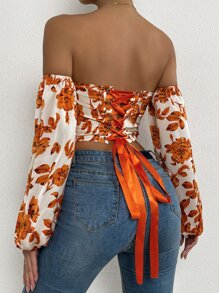 SHEIN Privé Off Shoulder Floral Print Lantern Sleeve Crop Top - White - View 2