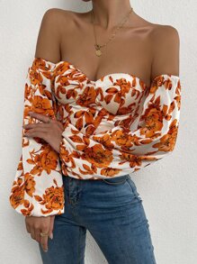 SHEIN Privé Off Shoulder Floral Print Lantern Sleeve Crop Top - White - View 3