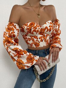 SHEIN Privé Off Shoulder Floral Print Lantern Sleeve Crop Top - White - View 4