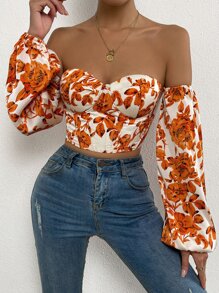 SHEIN Privé Off Shoulder Floral Print Lantern Sleeve Crop Top - White - View 6