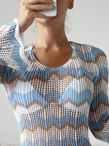 SHEIN Swim Summer Beach Chevron Pattern Backless Knot Cover Up Dress Without Bikini - Blue and White - View 3