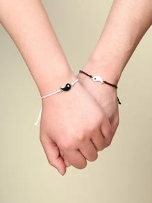 2入組情侶太極裝飾手環 - 黑與白 - 查看 3