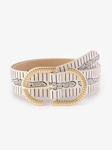 Graphic Print PU Buckle Belt - Beige - View 1