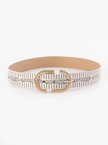 Graphic Print PU Buckle Belt - Beige - View 2