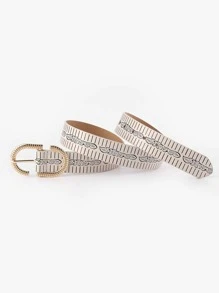 Graphic Print PU Buckle Belt - Beige - View 3
