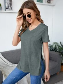 SHEIN Essnce V領開衩側素色T恤 - 墨綠色 - 查看 1