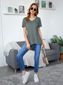 SHEIN Essnce V領開衩側素色T恤 - 墨綠色 - 查看 3