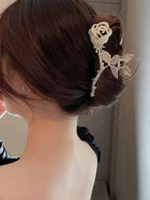 水鑽和人造珍珠裝飾玫瑰設計髮爪 - 金色 - 查看 2