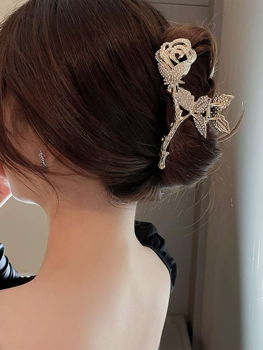 水鑽和人造珍珠裝飾玫瑰設計髮爪